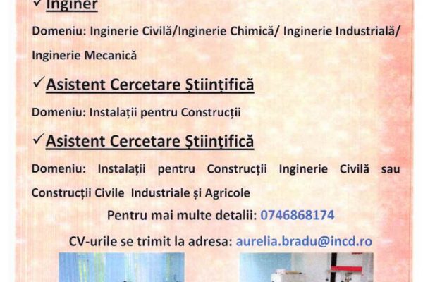 Locuri de muncă la INCD URBAN-INCERC Sucursala Iași