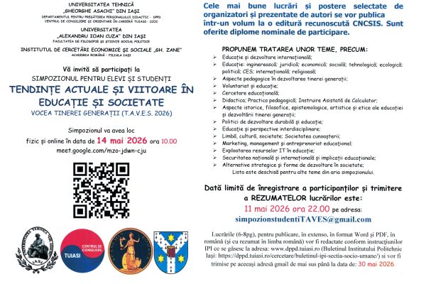 14 mai 2026 – T.A.V.E.S. 2026 – Simpozion pentru elevi și studenți